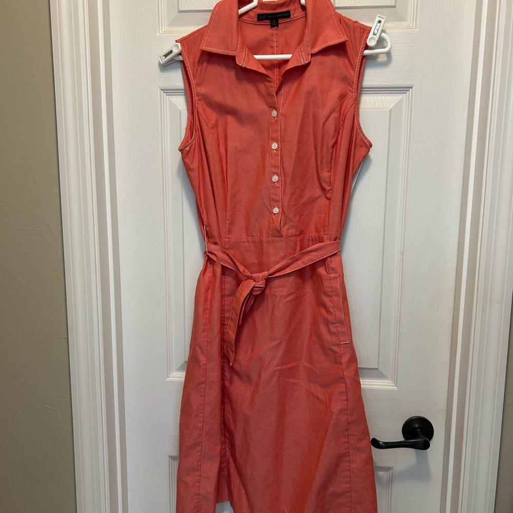 Brooks Brothers Coral Button-Front Sleeveless Midi Dress with Tie Waist